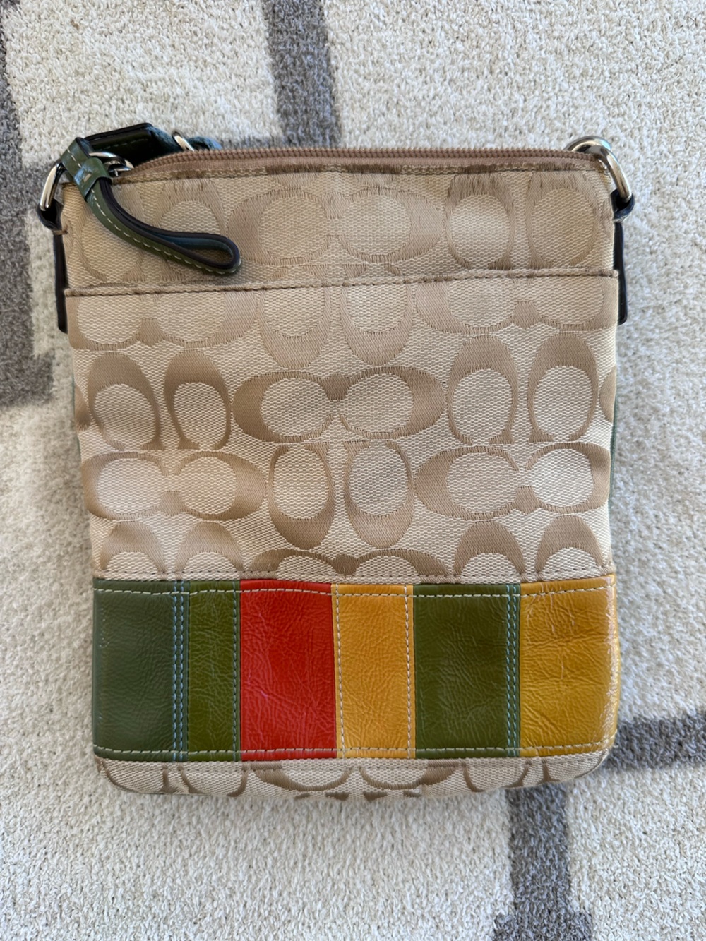 Coach Beige Signature Crossbody with Green, Yellow and Red Leather Stripes Y2K